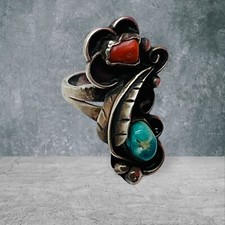 Old Pawn Sterling Silver Native American Fred Harvey Turquoise Coral Ring Size 7 - Additional view 7