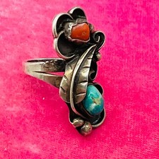 Old Pawn Sterling Silver Native American Fred Harvey Turquoise Coral Ring Size 7 - Additional view 8