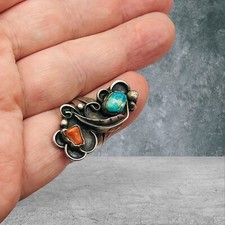 Old Pawn Sterling Silver Native American Fred Harvey Turquoise Coral Ring Size 7 - Additional view 9