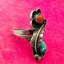 Old Pawn Sterling Silver Native American Fred Harvey Turquoise Coral Ring Size 7 - Additional view 10