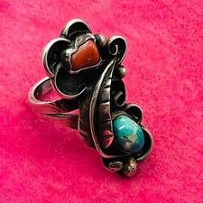 Old Pawn Sterling Silver Native American Fred Harvey Turquoise Coral Ring Size 7