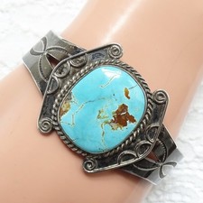 Vintage Navajo Fred Harvey Era Cuff Bracet Blue Gem Turquoise Sterling Silver - Additional view 1