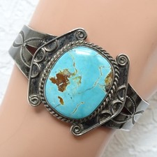 Vintage Navajo Fred Harvey Era Cuff Bracet Blue Gem Turquoise Sterling Silver - Additional view 11