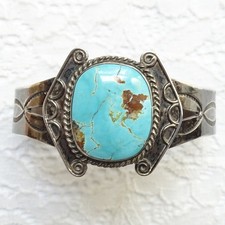 Vintage Navajo Fred Harvey Era Cuff Bracet Blue Gem Turquoise Sterling Silver - Additional view 8