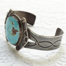 Vintage Navajo Fred Harvey Era Cuff Bracet Blue Gem Turquoise Sterling Silver - Additional view 10