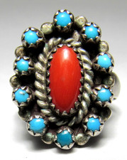 Fred Harvey Era ZUNI Sterling Silver Snake Eye TURQUOISE Coral CLUSTER Ring - Additional view 1