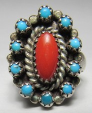 Fred Harvey Era ZUNI Sterling Silver Snake Eye TURQUOISE Coral CLUSTER Ring - Additional view 2