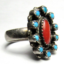 Fred Harvey Era ZUNI Sterling Silver Snake Eye TURQUOISE Coral CLUSTER Ring - Additional view 11