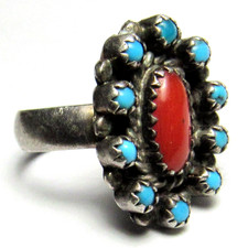 Fred Harvey Era ZUNI Sterling Silver Snake Eye TURQUOISE Coral CLUSTER Ring - Additional view 12