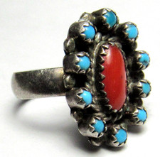 Fred Harvey Era ZUNI Sterling Silver Snake Eye TURQUOISE Coral CLUSTER Ring - Additional view 13