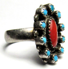 Fred Harvey Era ZUNI Sterling Silver Snake Eye TURQUOISE Coral CLUSTER Ring - Additional view 14