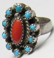 Fred Harvey Era ZUNI Sterling Silver Snake Eye TURQUOISE Coral CLUSTER Ring - Additional view 15