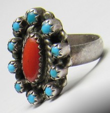 Fred Harvey Era ZUNI Sterling Silver Snake Eye TURQUOISE Coral CLUSTER Ring - Additional view 16