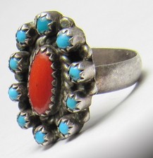 Fred Harvey Era ZUNI Sterling Silver Snake Eye TURQUOISE Coral CLUSTER Ring - Additional view 17