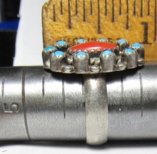 Fred Harvey Era ZUNI Sterling Silver Snake Eye TURQUOISE Coral CLUSTER Ring - Additional view 20