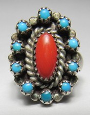 Fred Harvey Era ZUNI Sterling Silver Snake Eye TURQUOISE Coral CLUSTER Ring - Additional view 3