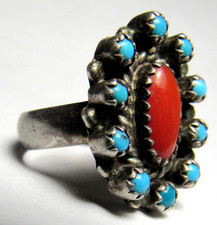 Fred Harvey Era ZUNI Sterling Silver Snake Eye TURQUOISE Coral CLUSTER Ring - Additional view 4