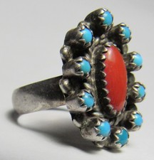 Fred Harvey Era ZUNI Sterling Silver Snake Eye TURQUOISE Coral CLUSTER Ring - Additional view 5