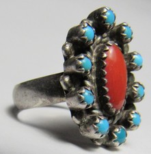 Fred Harvey Era ZUNI Sterling Silver Snake Eye TURQUOISE Coral CLUSTER Ring - Additional view 6