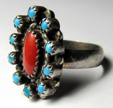 Fred Harvey Era ZUNI Sterling Silver Snake Eye TURQUOISE Coral CLUSTER Ring - Additional view 7
