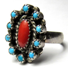 Fred Harvey Era ZUNI Sterling Silver Snake Eye TURQUOISE Coral CLUSTER Ring - Additional view 8