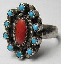 Fred Harvey Era ZUNI Sterling Silver Snake Eye TURQUOISE Coral CLUSTER Ring - Additional view 10