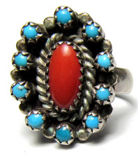 Fred Harvey Era ZUNI Sterling Silver Snake Eye TURQUOISE Coral CLUSTER Ring