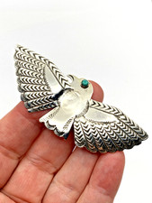 Vintage Fred Harvey Style Sterling Eagle Pin Green Turquoise Native American - Additional view 15