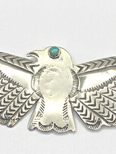 Vintage Fred Harvey Style Sterling Eagle Pin Green Turquoise Native American - Additional view 4