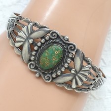 Fred Harvey Era Thunderbird Cuff Bracelet Green Turquoise Native American Navajo - Additional view 1