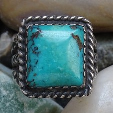 Vintage Fred Harvey Era Navajo Square Turquoise Ring Size 8.25 Sterling Silver - Additional view 1