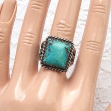 Vintage Fred Harvey Era Navajo Square Turquoise Ring Size 8.25 Sterling Silver - Additional view 2