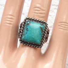 Vintage Fred Harvey Era Navajo Square Turquoise Ring Size 8.25 Sterling Silver - Additional view 3