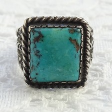 Vintage Fred Harvey Era Navajo Square Turquoise Ring Size 8.25 Sterling Silver - Additional view 4