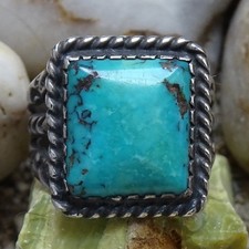 Vintage Fred Harvey Era Navajo Square Turquoise Ring Size 8.25 Sterling Silver