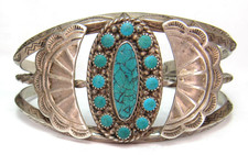 NAVAJO FRED HARVEY ERA STAMPED STERLING SILVER TURQUOISE CLUSTER CUFF BRACELET - Additional view 1