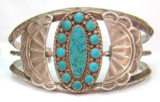 NAVAJO FRED HARVEY ERA STAMPED STERLING SILVER TURQUOISE CLUSTER CUFF BRACELET - Additional view 2