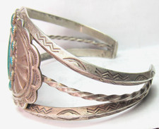 NAVAJO FRED HARVEY ERA STAMPED STERLING SILVER TURQUOISE CLUSTER CUFF BRACELET - Additional view 11