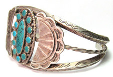NAVAJO FRED HARVEY ERA STAMPED STERLING SILVER TURQUOISE CLUSTER CUFF BRACELET - Additional view 12