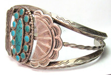 NAVAJO FRED HARVEY ERA STAMPED STERLING SILVER TURQUOISE CLUSTER CUFF BRACELET - Additional view 13