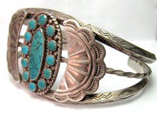 NAVAJO FRED HARVEY ERA STAMPED STERLING SILVER TURQUOISE CLUSTER CUFF BRACELET - Additional view 14