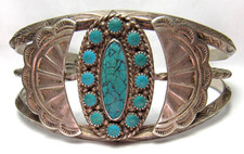NAVAJO FRED HARVEY ERA STAMPED STERLING SILVER TURQUOISE CLUSTER CUFF BRACELET - Additional view 15