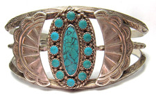 NAVAJO FRED HARVEY ERA STAMPED STERLING SILVER TURQUOISE CLUSTER CUFF BRACELET - Additional view 16