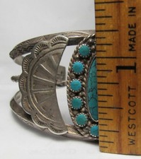 NAVAJO FRED HARVEY ERA STAMPED STERLING SILVER TURQUOISE CLUSTER CUFF BRACELET - Additional view 19