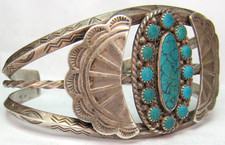 NAVAJO FRED HARVEY ERA STAMPED STERLING SILVER TURQUOISE CLUSTER CUFF BRACELET - Additional view 3