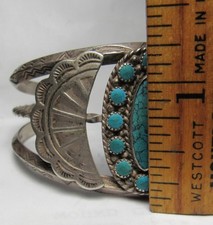 NAVAJO FRED HARVEY ERA STAMPED STERLING SILVER TURQUOISE CLUSTER CUFF BRACELET - Additional view 21
