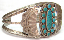 NAVAJO FRED HARVEY ERA STAMPED STERLING SILVER TURQUOISE CLUSTER CUFF BRACELET - Additional view 4