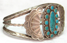 NAVAJO FRED HARVEY ERA STAMPED STERLING SILVER TURQUOISE CLUSTER CUFF BRACELET - Additional view 5