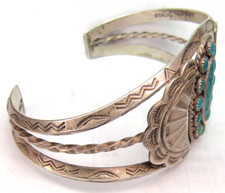 NAVAJO FRED HARVEY ERA STAMPED STERLING SILVER TURQUOISE CLUSTER CUFF BRACELET - Additional view 7