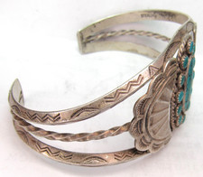 NAVAJO FRED HARVEY ERA STAMPED STERLING SILVER TURQUOISE CLUSTER CUFF BRACELET - Additional view 8